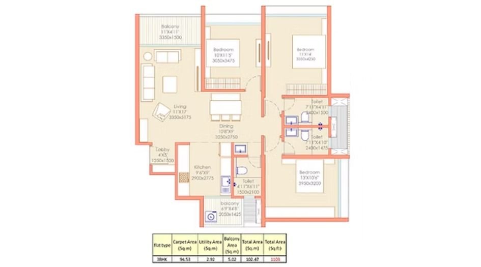 Pristine-O2-World-Floor-Plan-3 BHK-1303 Sqft